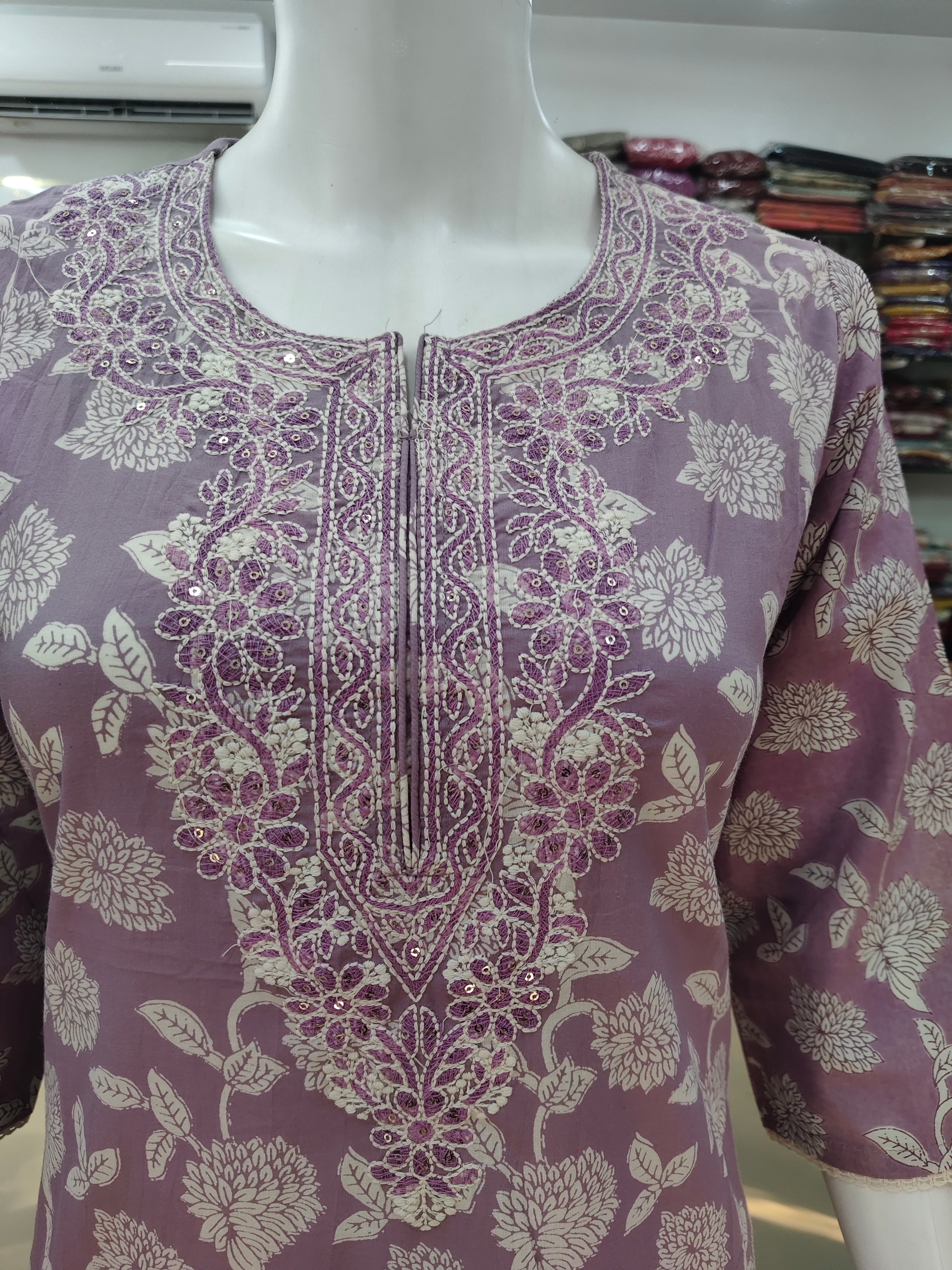 Lavender Floral Printed Cotton Kurta Set with Embroidered Neckline & Dupatta