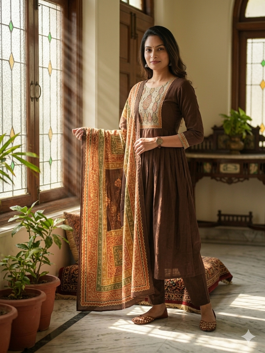 Elegant Brown Cotton Kurti Set with Printed Dupatta & Bottom