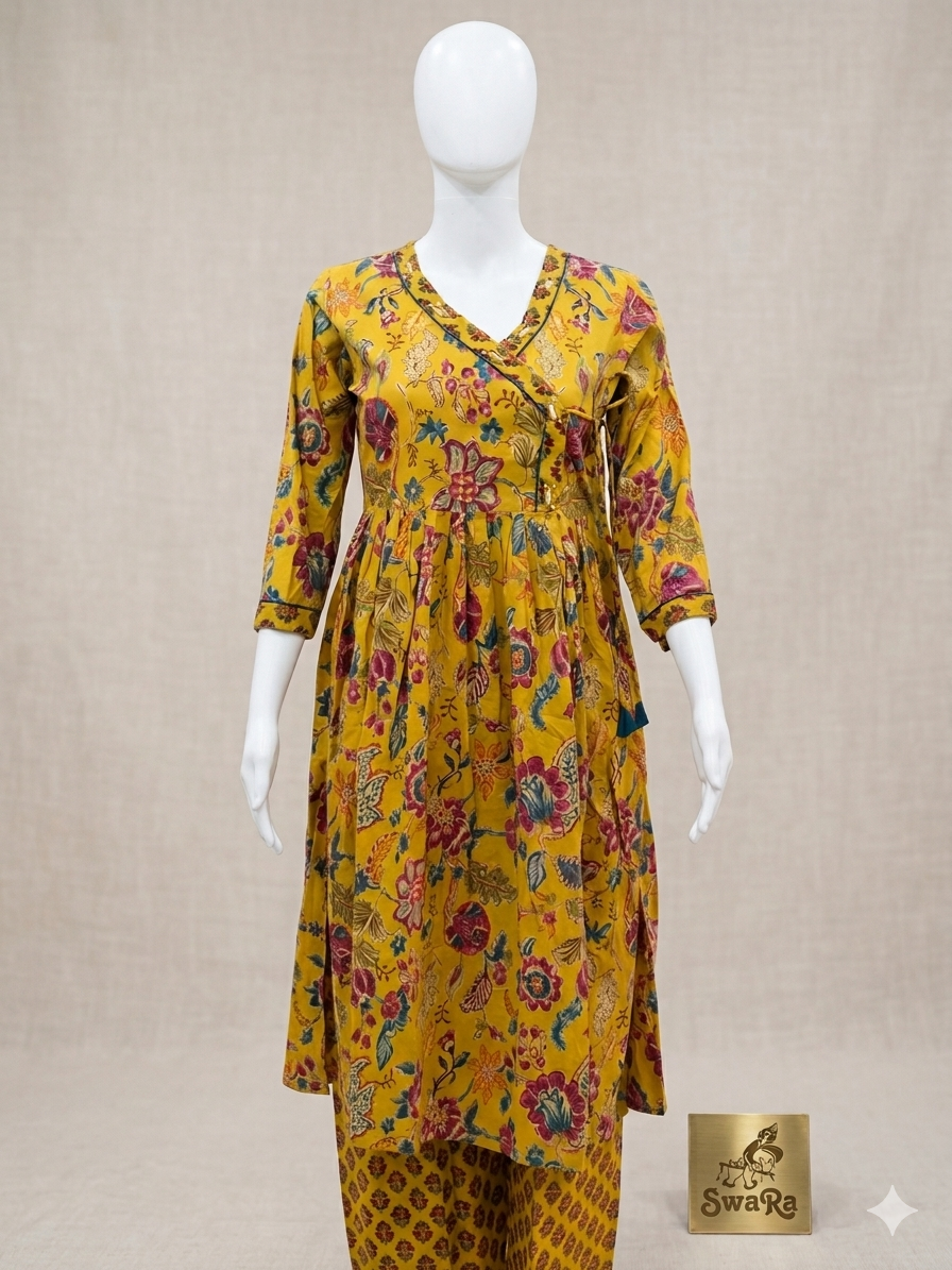 Mustard Yellow Floral Cotton Kurti with Printed Pant (2-Piece Set)
