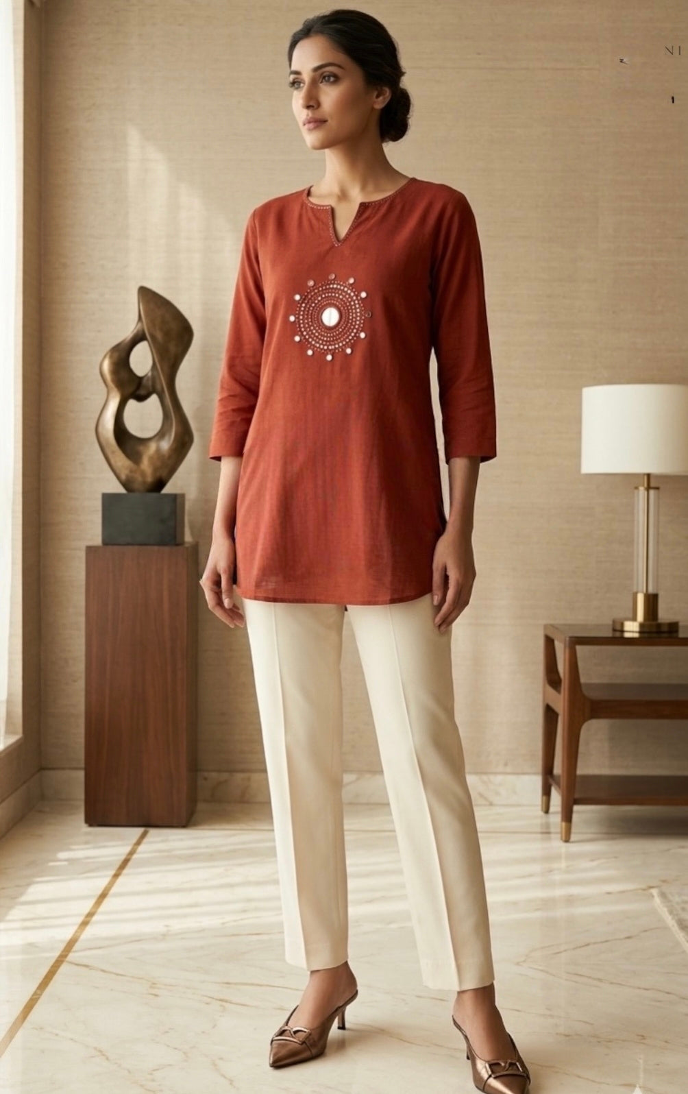 Women’s Maroon Cotton Flex Short Top with Mirror Work & Hand Stitch Detailing