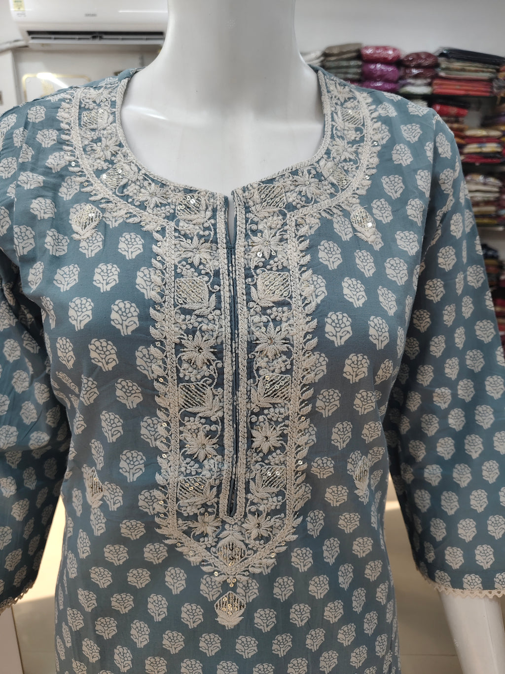 Powder Blue Handblock Printed Cotton Suit Set with Embroidered Neckline & Dupatta