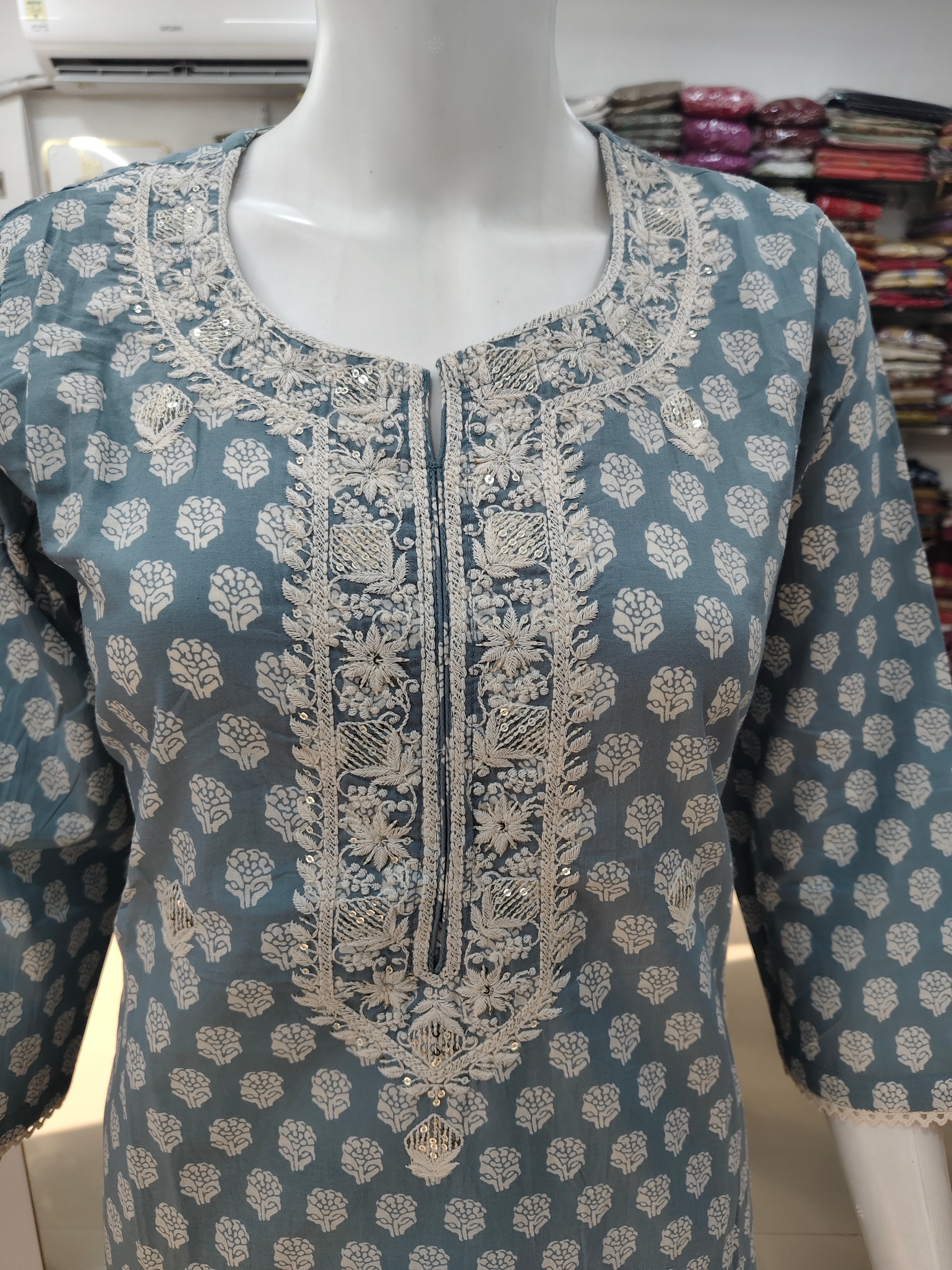 Powder Blue Handblock Printed Cotton Suit Set with Embroidered Neckline & Dupatta