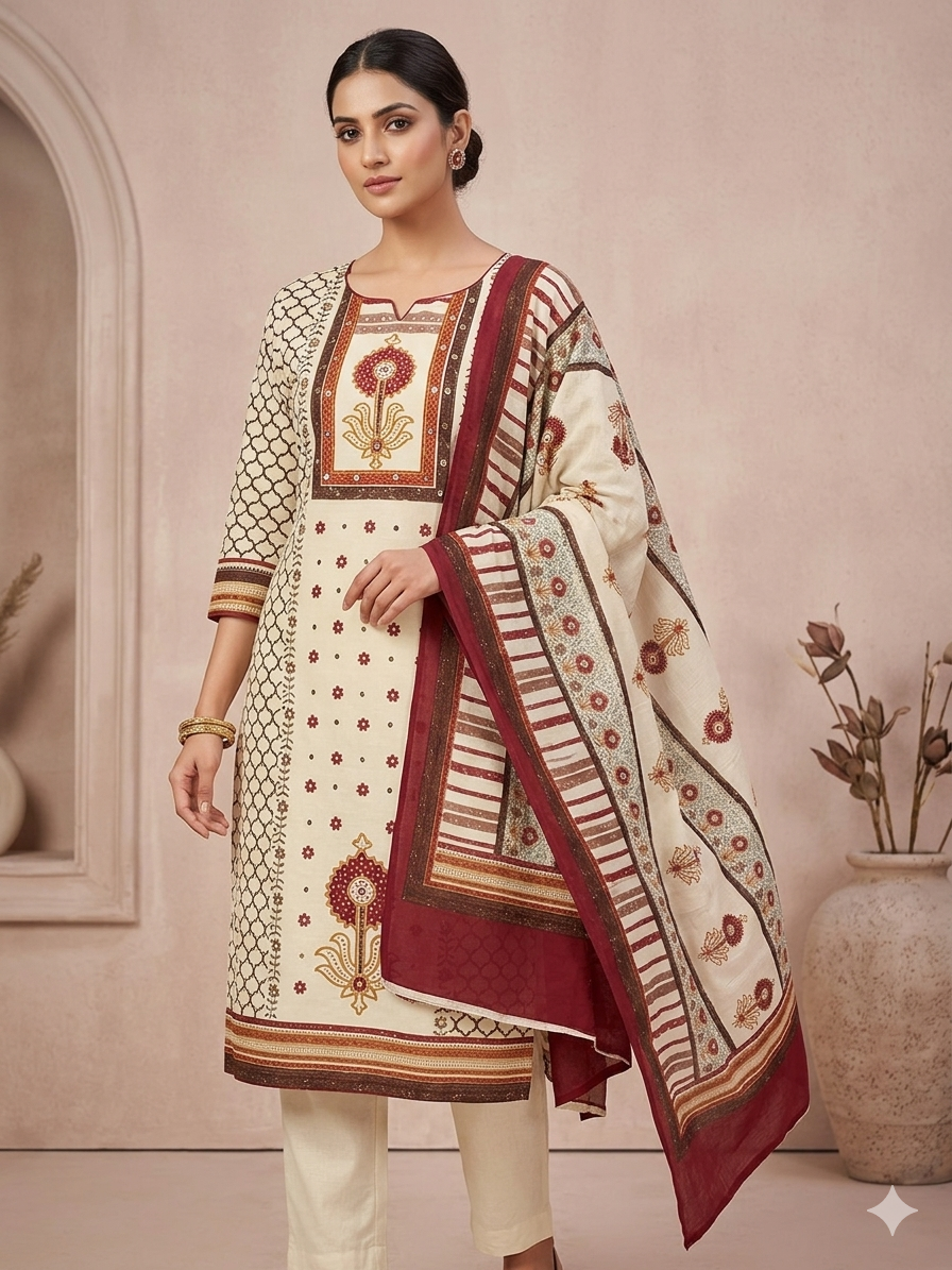 Women’s Pure Cotton Printed 3 Piece Suit Set with Dupatta | Ethnic Straight Kurta Pant Set