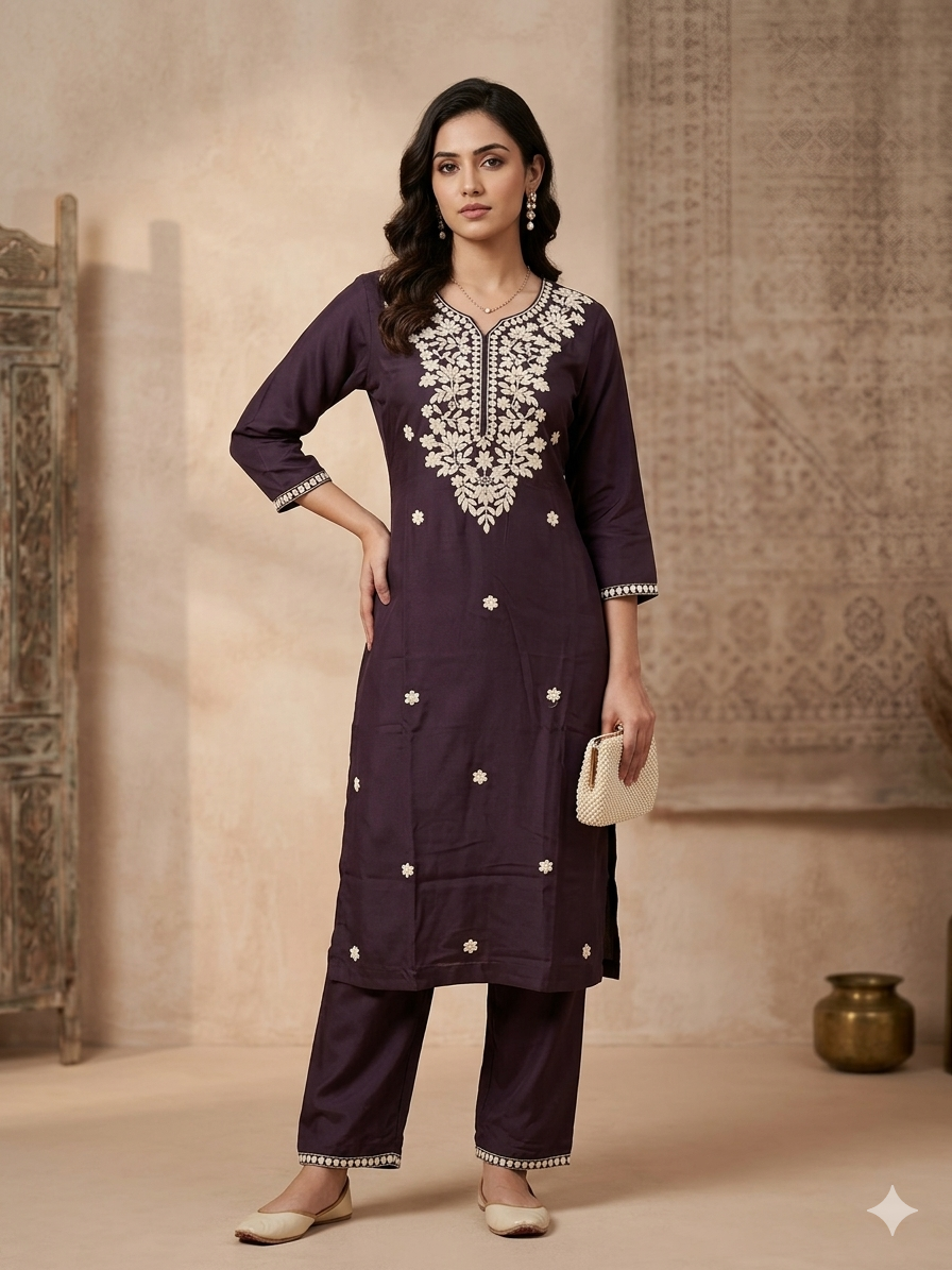 Royal Plum/ Falsa Color Embroidered Kurta Pant Set