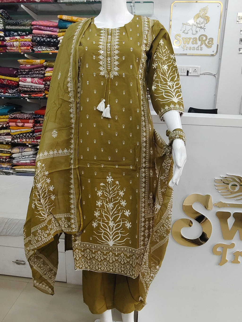 Olive Green Mul Cotton Printed Kurta Set with Dupatta | 3 Piece Ethnic Suit Set