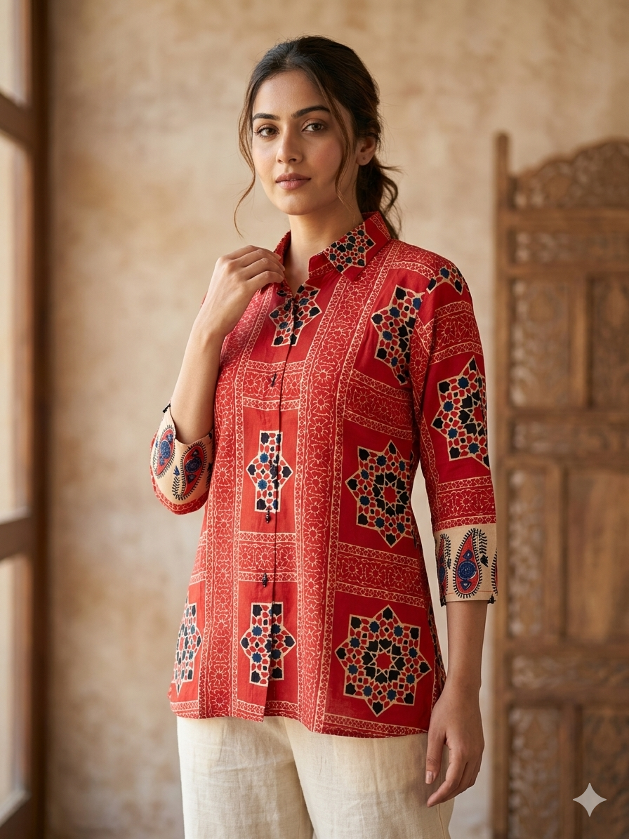 Stylish Red Viscose Printed Short Top with Shirt Collar & Designer Sleeves