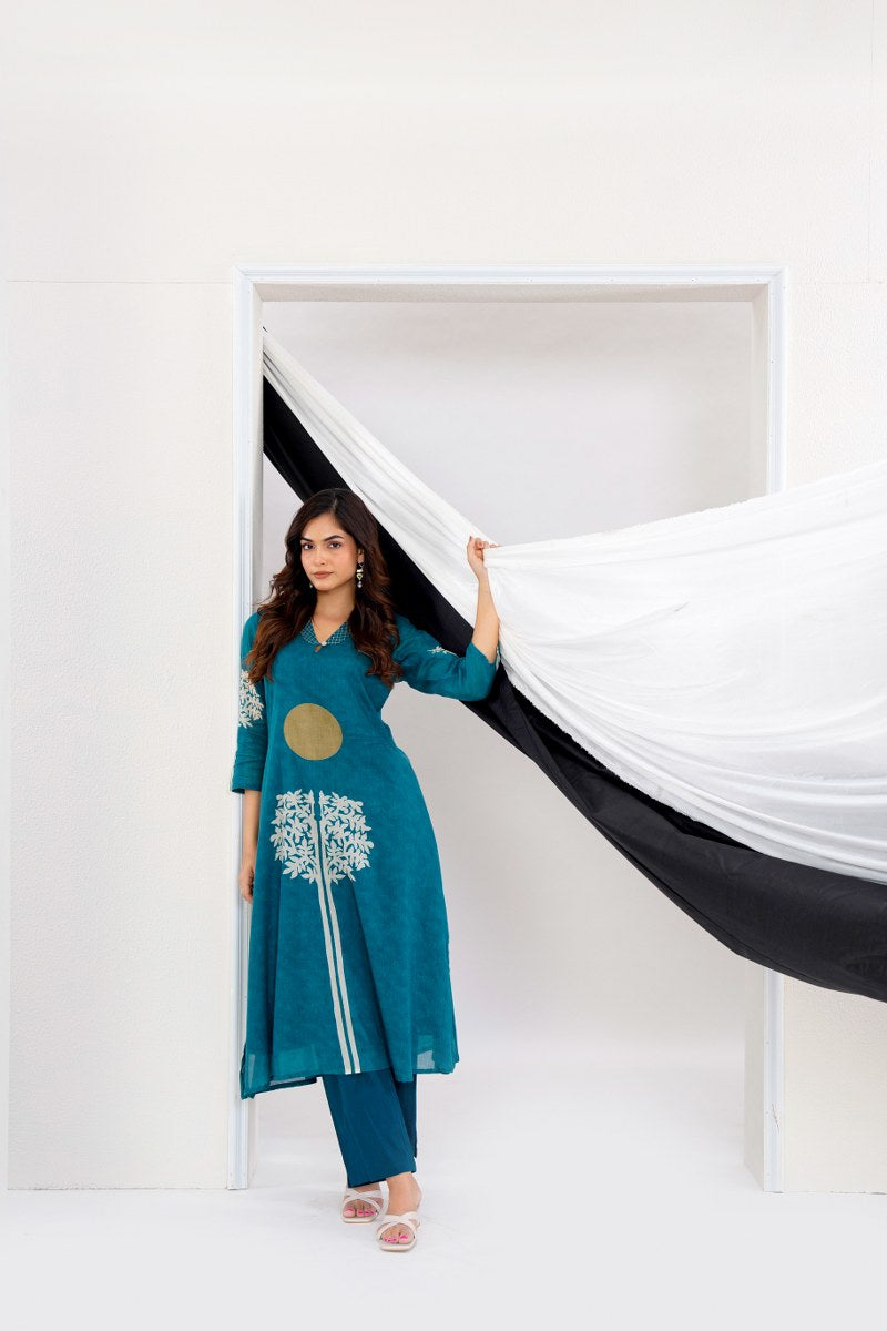 Teal Printed Cotton Kurta Set with Palazzo – Elegant Festive & Casual Wear