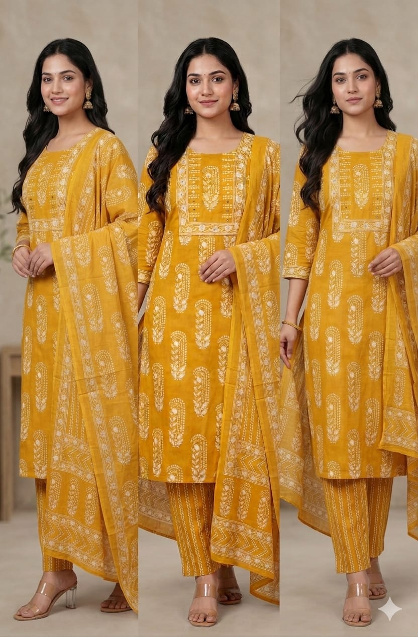 Mustard Yellow Pure Cotton Printed Kurta Pant Dupatta Set for Women | Ethnic 3 Piece Suit