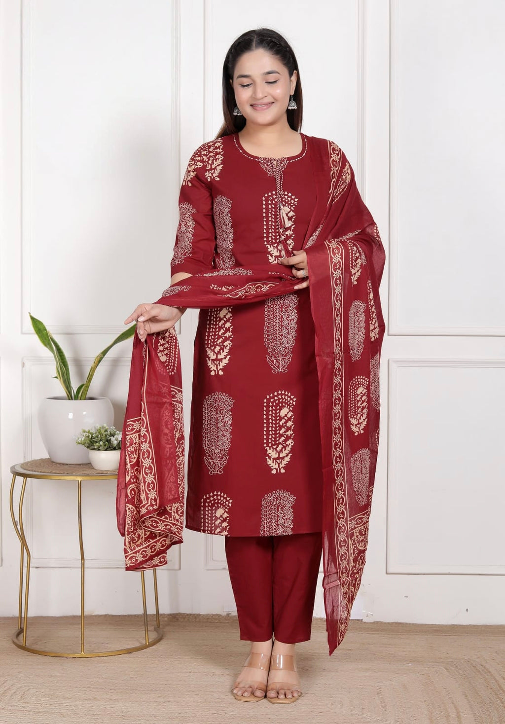 Maroon Cotton Printed Kurta Set with Matching Dupatta and tassel- 3 piece ethnic wear