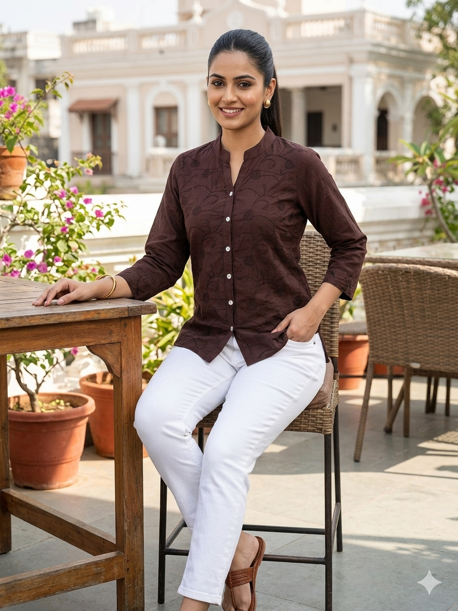 Elegant Coffee Brown Embroidered Cotton Shirt for Women