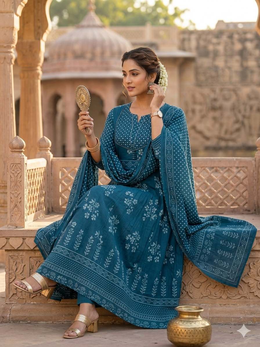 Teal Blue Handblock Printed Cotton Anarkali Suit Set with Dupatta | 3 Piece Ethnic Set
