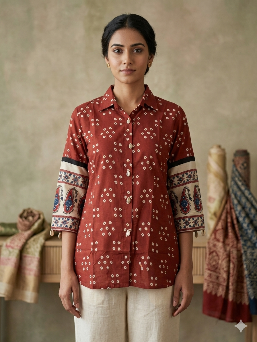 Rust Bandhani Print Viscose Short Top with Designer Sleeves & Collar Neck