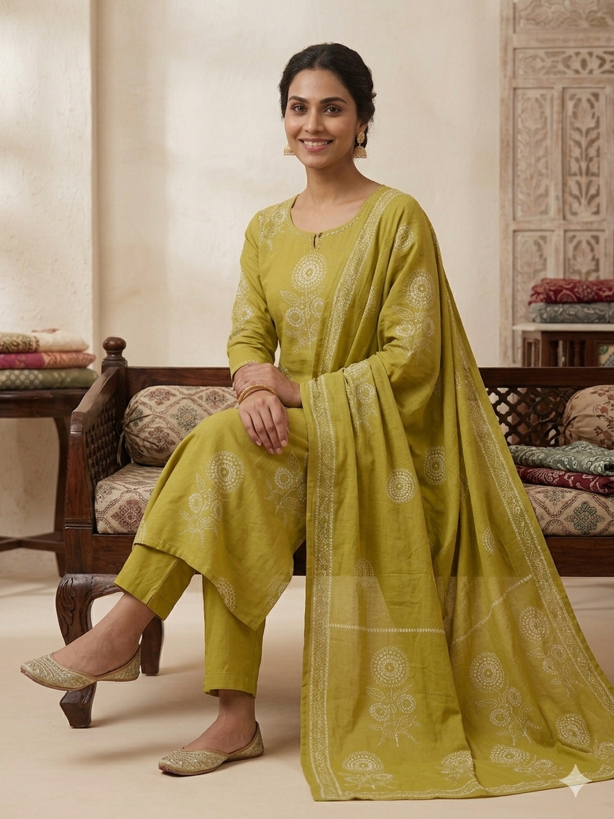 Mustard Yellow Floral Printed Kurta Set with Dupatta | 3 Piece Ethnic Suit Set