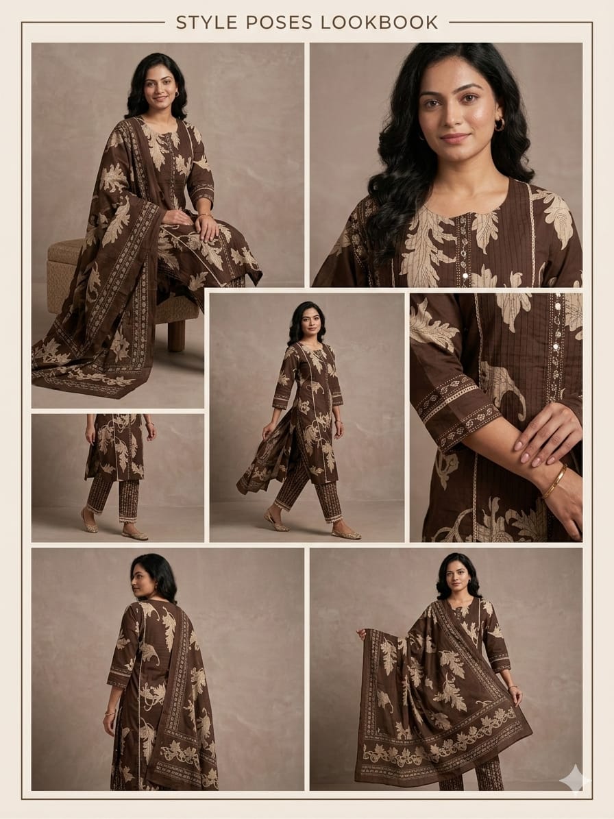 Elegant Brown Printed Kurta set with Dupatta Ethnic 3 piece set for women