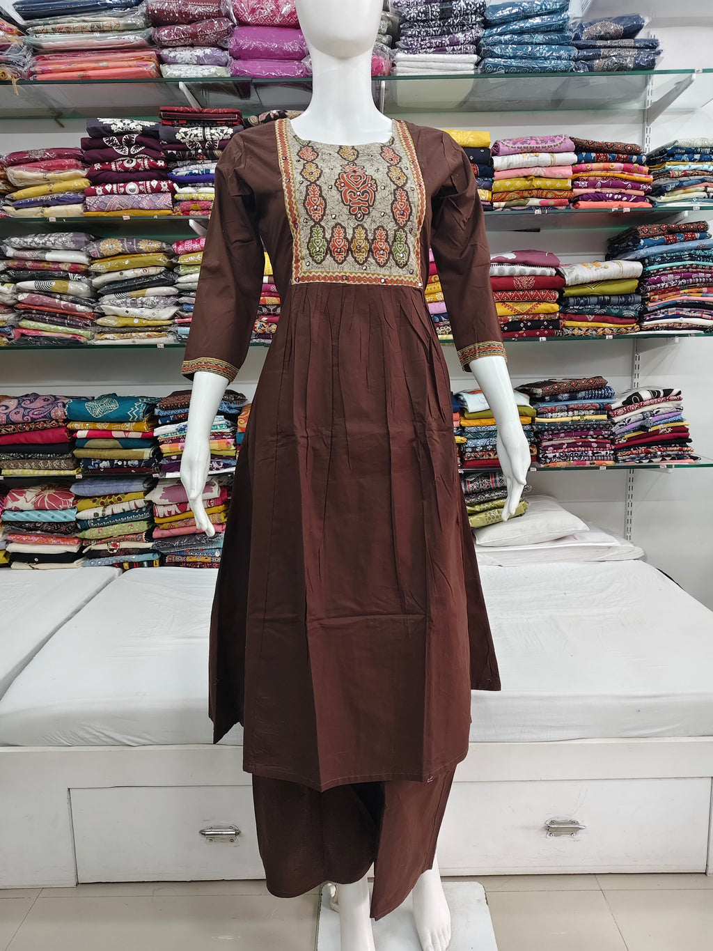 Elegant Brown Cotton Kurti Set with Printed Dupatta & Bottom