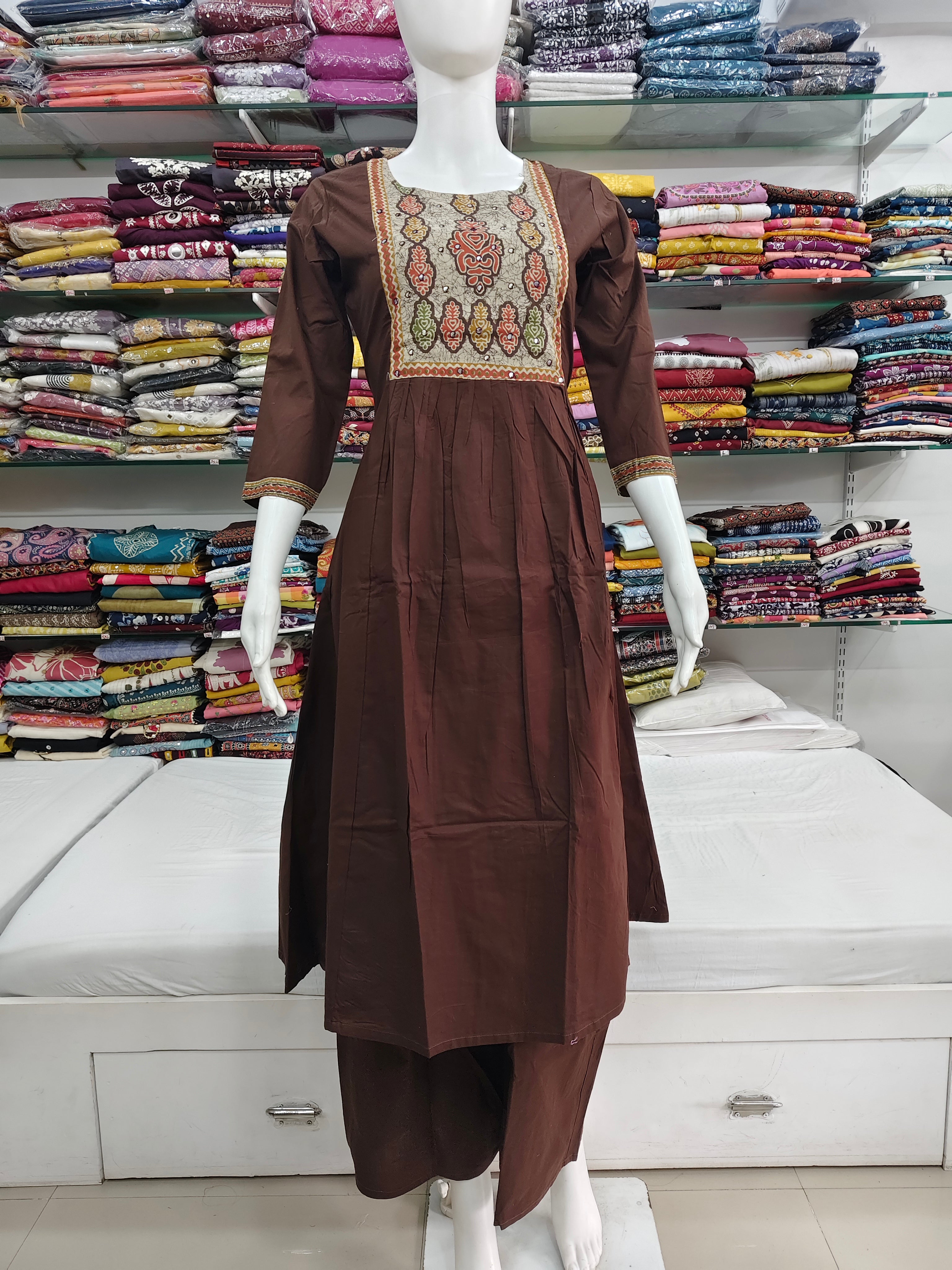 Elegant Brown Cotton Kurti Set with Printed Dupatta & Bottom