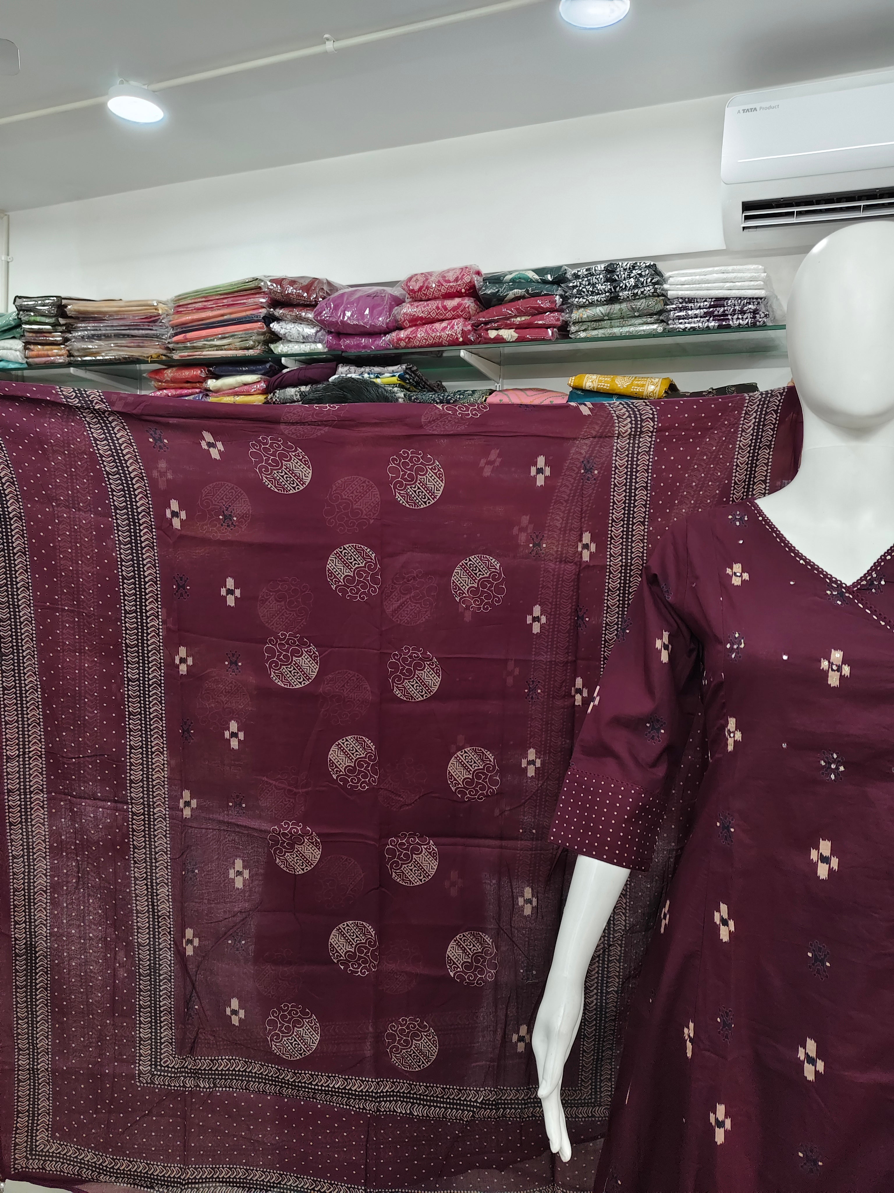 Elegant Wine Cotton Printed Kurta Set with Dupatta – 3 Piece Ethnic Suit