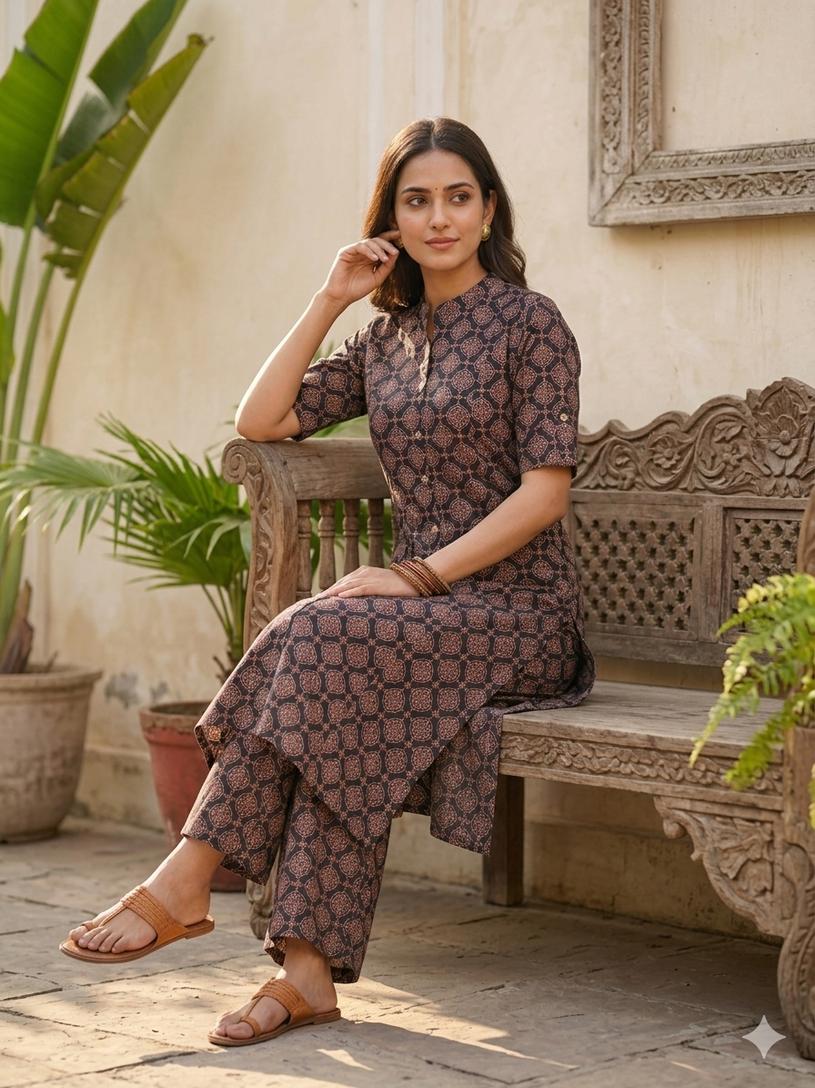 Elegant Printed Cotton 2-Piece Kurti Pant Set for Women