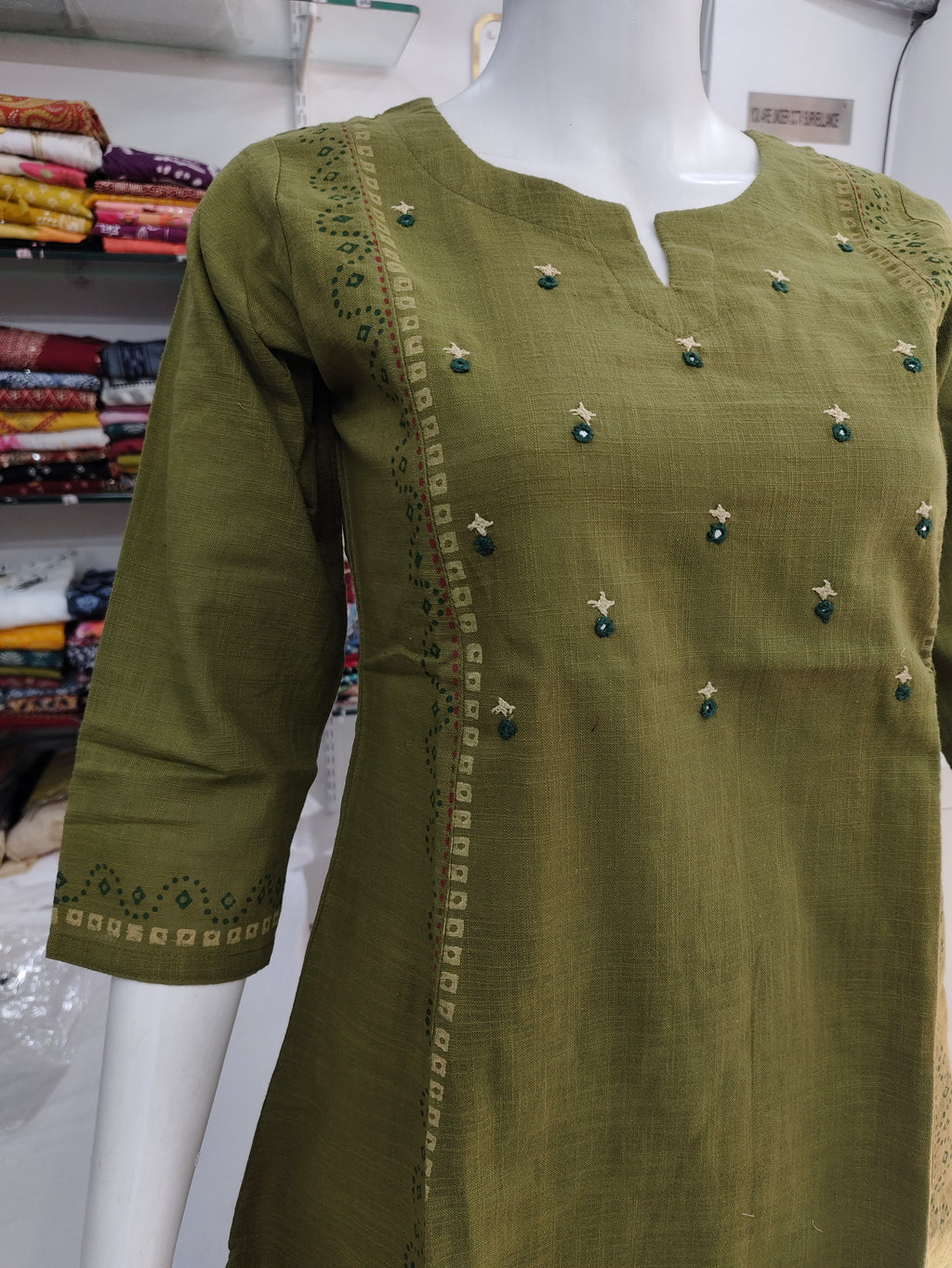 Olive Green Cotton Flex Embroidered Short Top