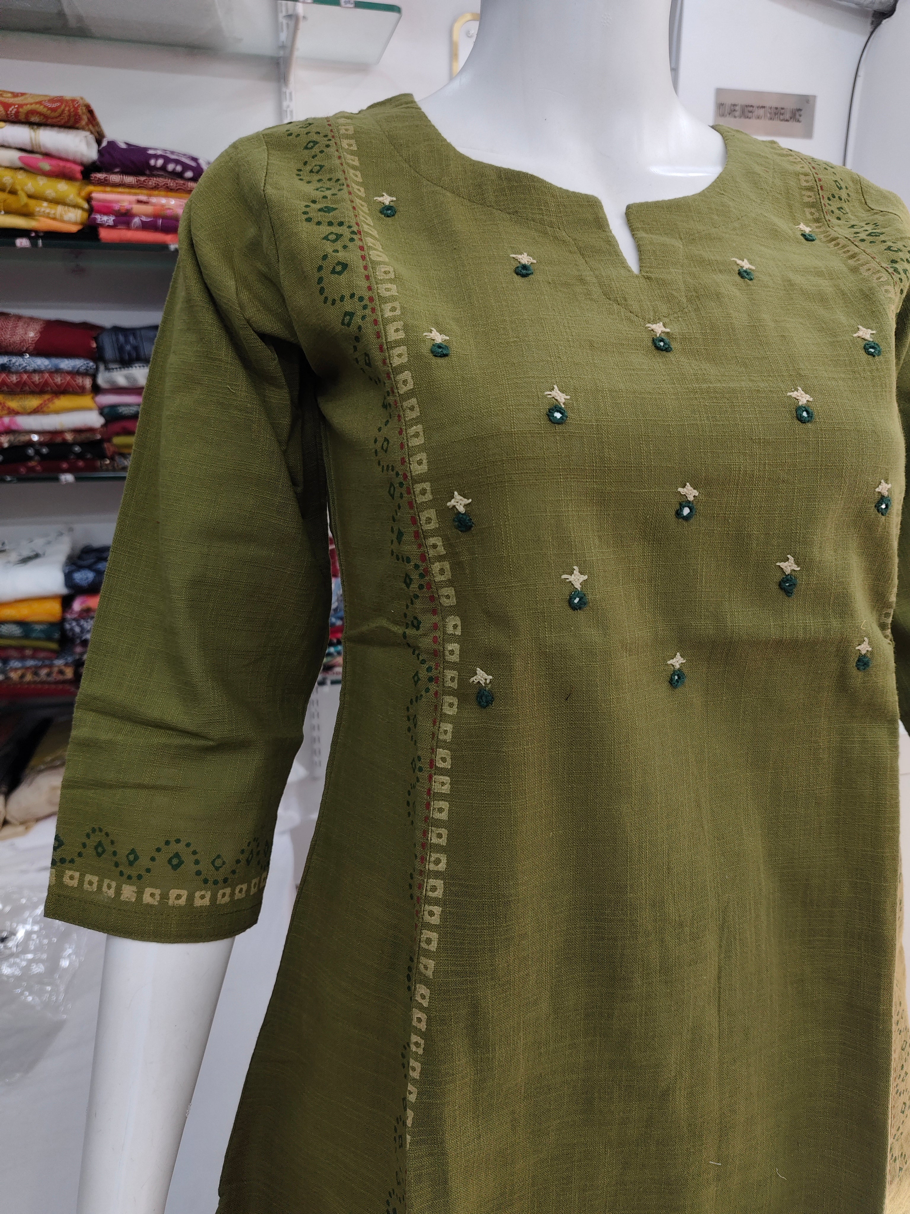 Olive Green Cotton Flex Embroidered Short Top