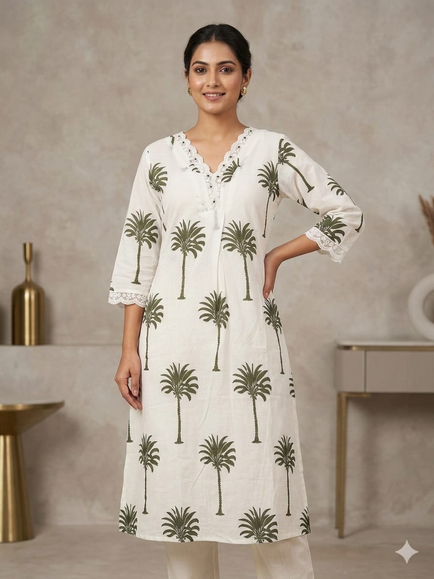 Elegant White Palm Print Kurta Set with Lace Detailing