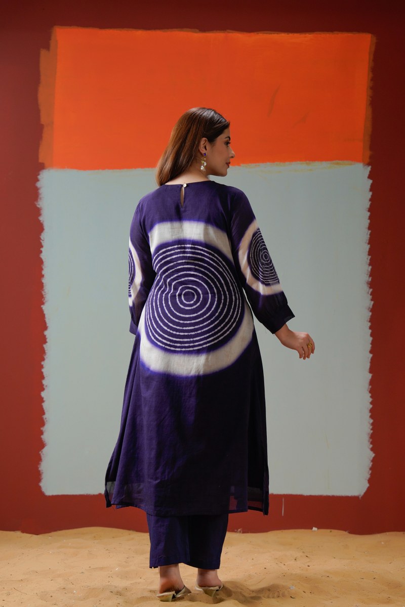 Pure Mul Royal Indigo Tie-Dye Pleated Kurta Set with both side pocket