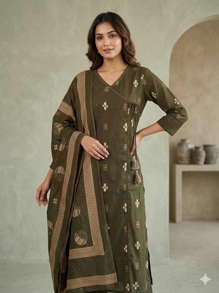 Olive Green Handblock Printed Angrakha Cotton Kurta Set with Dupatta