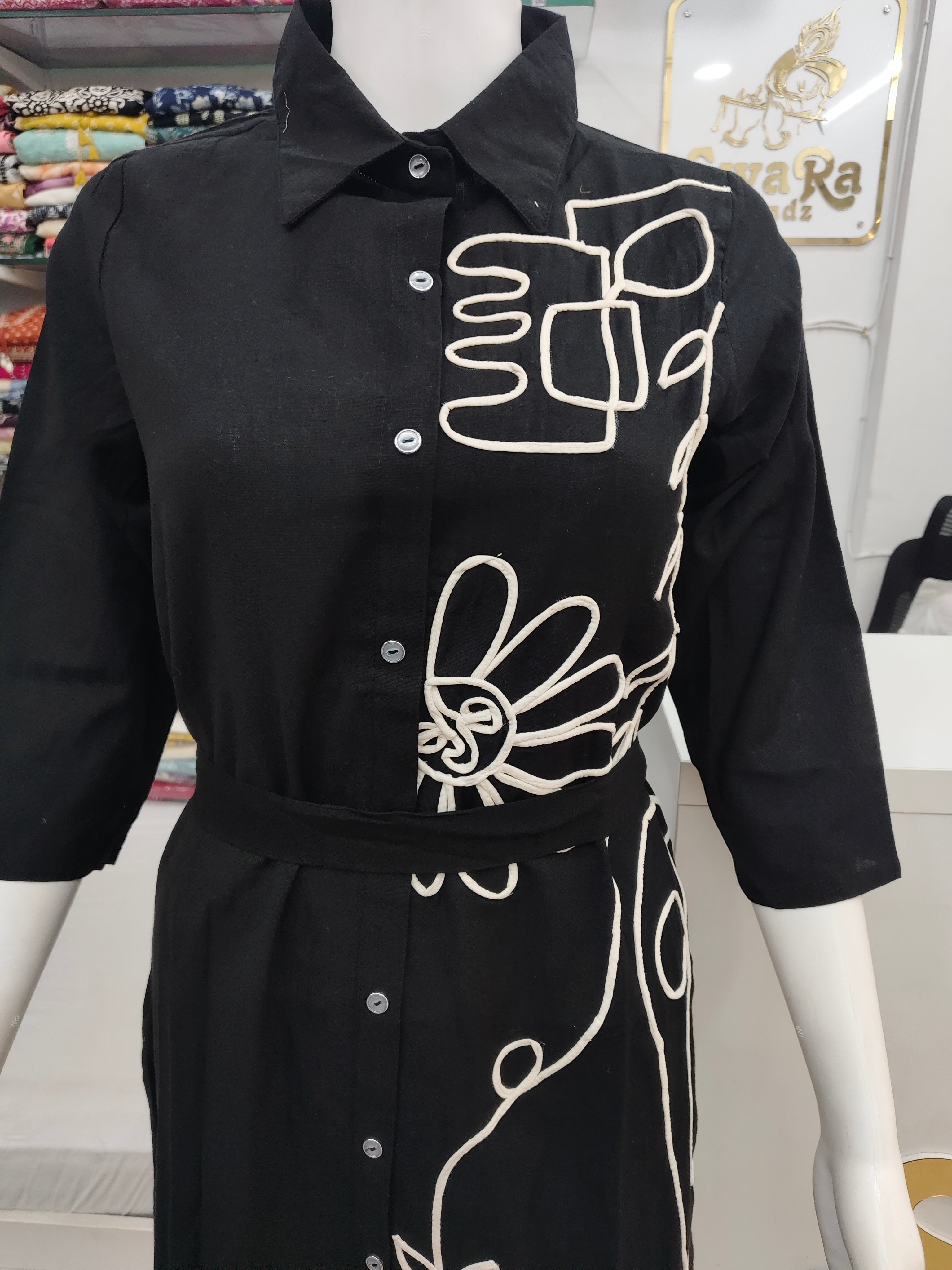 Black Abstract Appliqued Shirt Dress with Belt