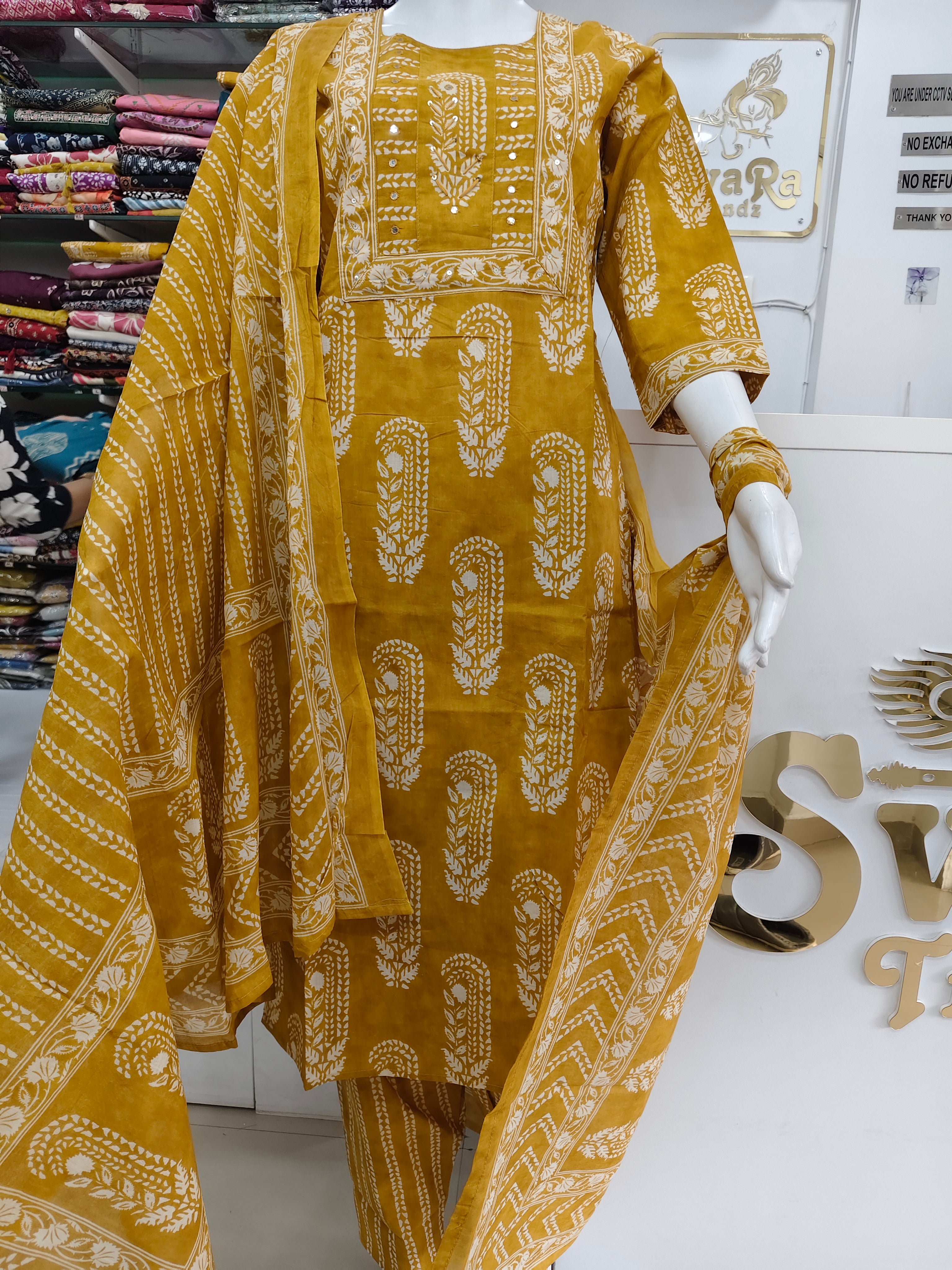 Mustard Yellow Pure Cotton Printed Kurta Pant Dupatta Set for Women | Ethnic 3 Piece Suit