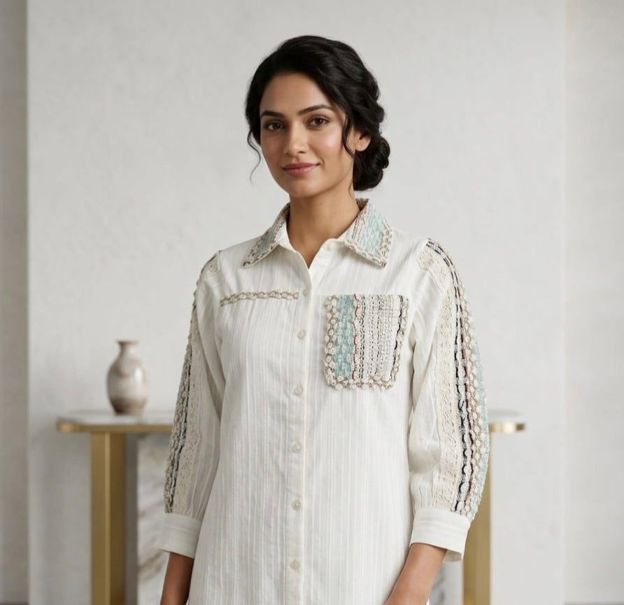 Elegant Pure Cotton Textured Short Top with Handcrafted Jute Lace Detailing