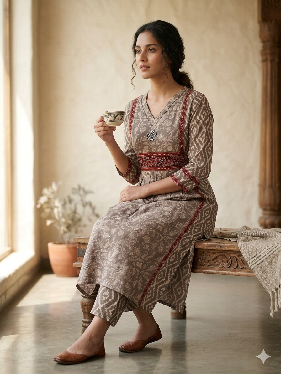 Elegant Floral Printed Cotton Kurta Pant Set for Women | Ethnic Casual Wear