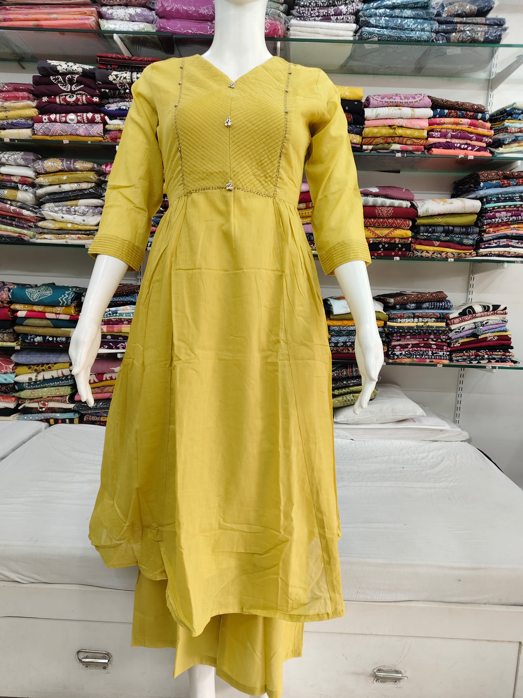 Elegant Mustard Mul Cotton 2-Piece Kurti Palazzo Set with Pintuck Detailing