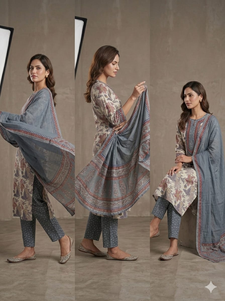 Elegant Floral Printed Cotton Kurta Set with Pants & Dupatta – Blue