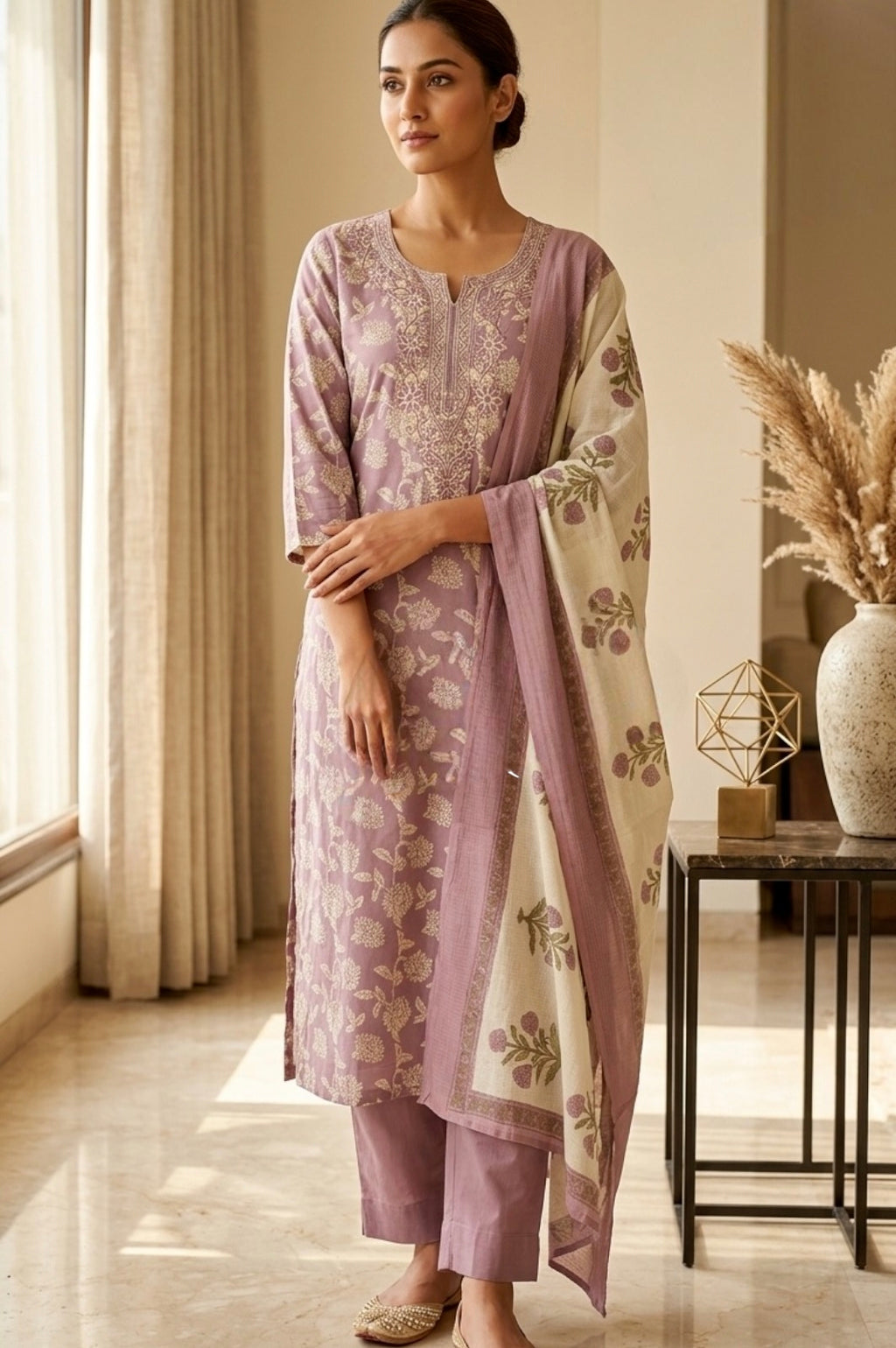 Lavender Floral Printed Cotton Kurta Set with Embroidered Neckline & Dupatta