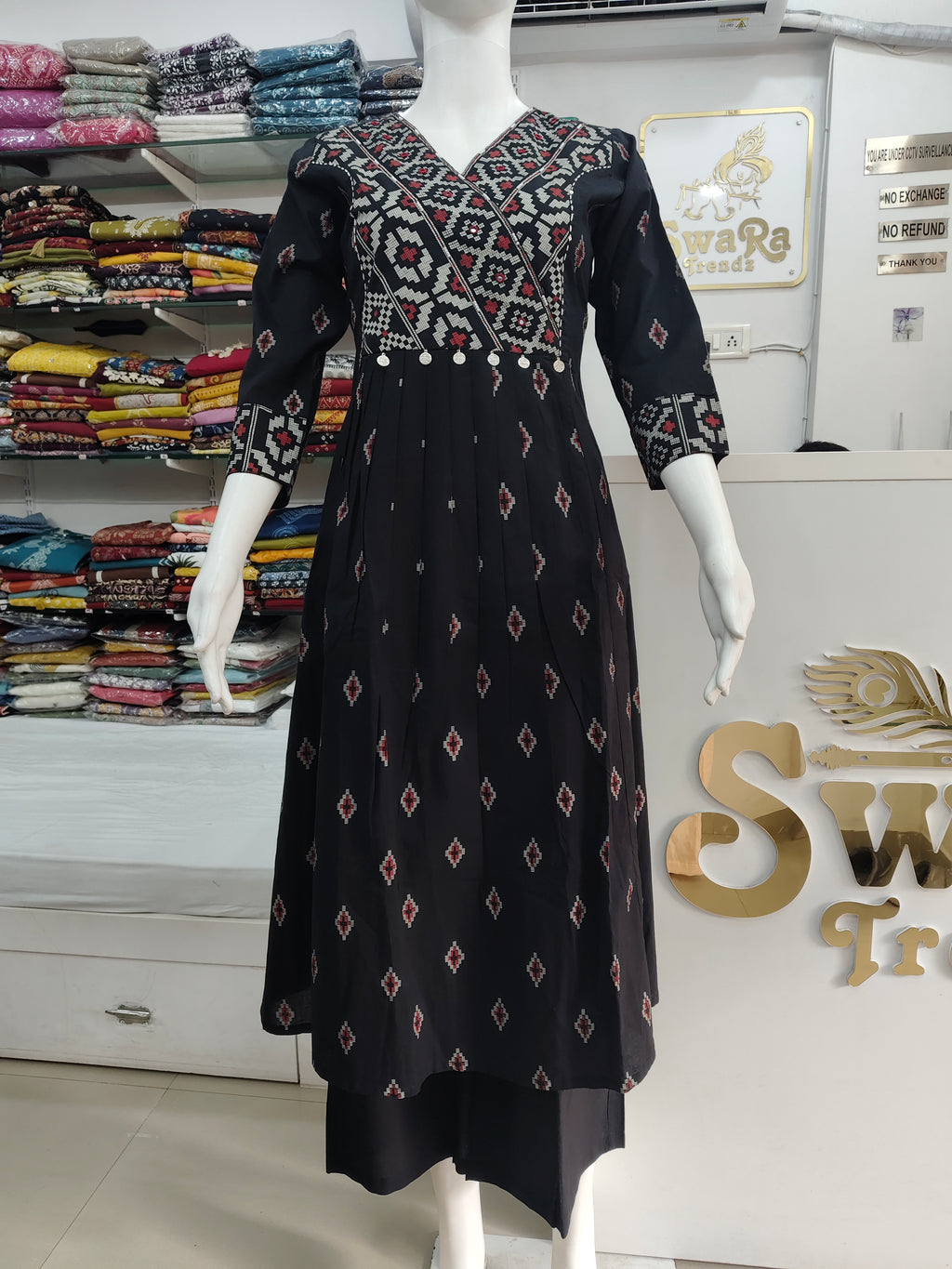 Elegant Black Printed Cotton Kurti with Coin Detail | A-Line Ethnic Dress for Women
