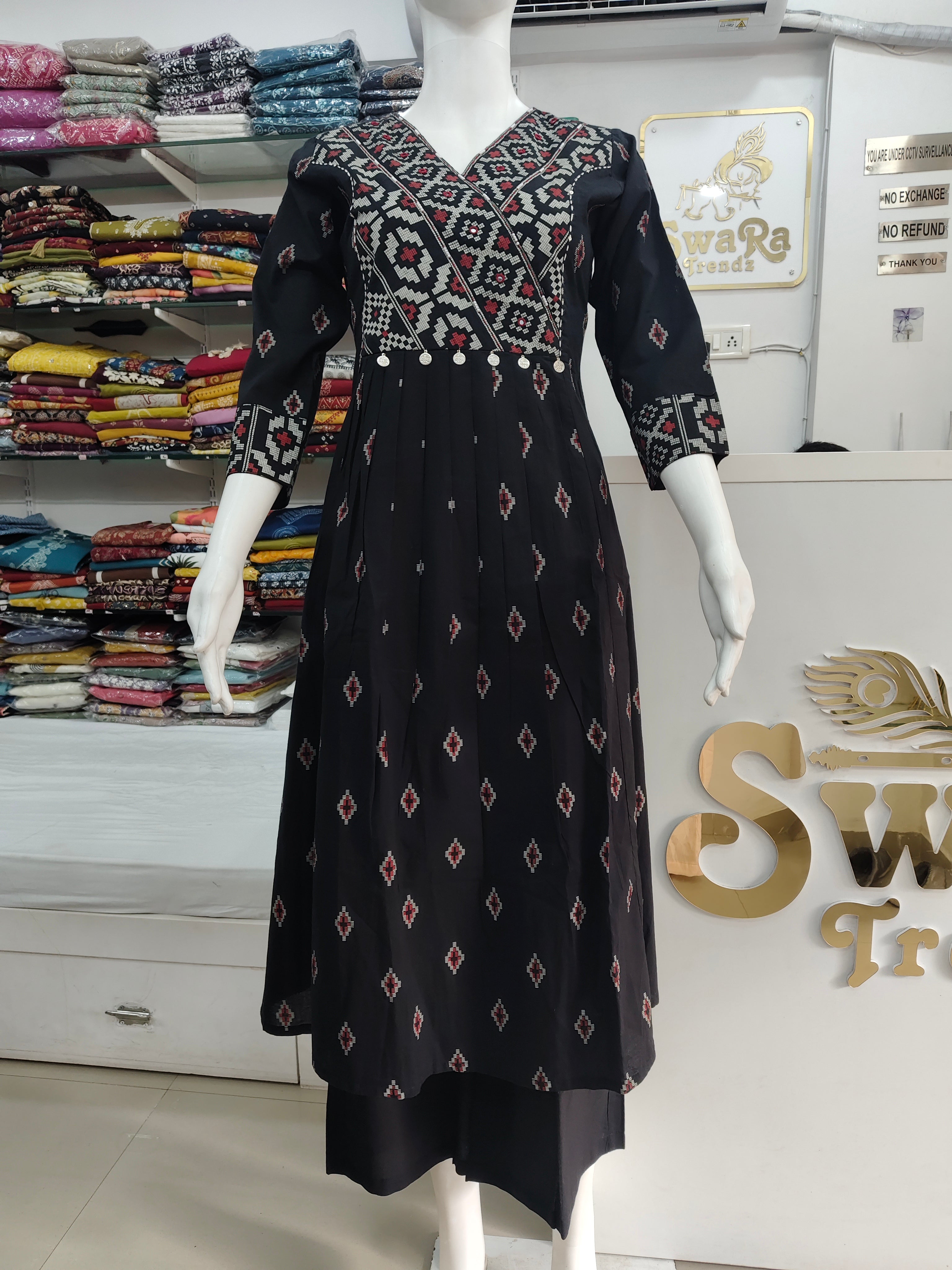 Elegant Black Printed Cotton Kurti with Coin Detail | A-Line Ethnic Dress for Women