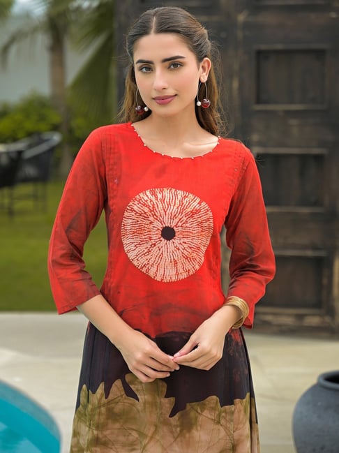 Red Ombre Smoke Printed with Tie-Die Mul Cotton A-Line Kurti with Pants | Designer 2-Piece Ethnic Set for Women