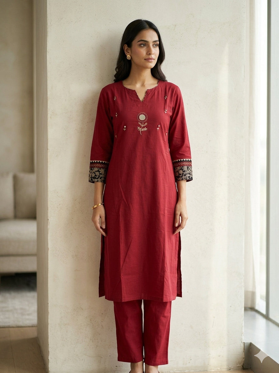 Maroon Embroidered Cotton Blend Kurta Pant Set for Women | Stylish 2 Piece Ethnic Wear
