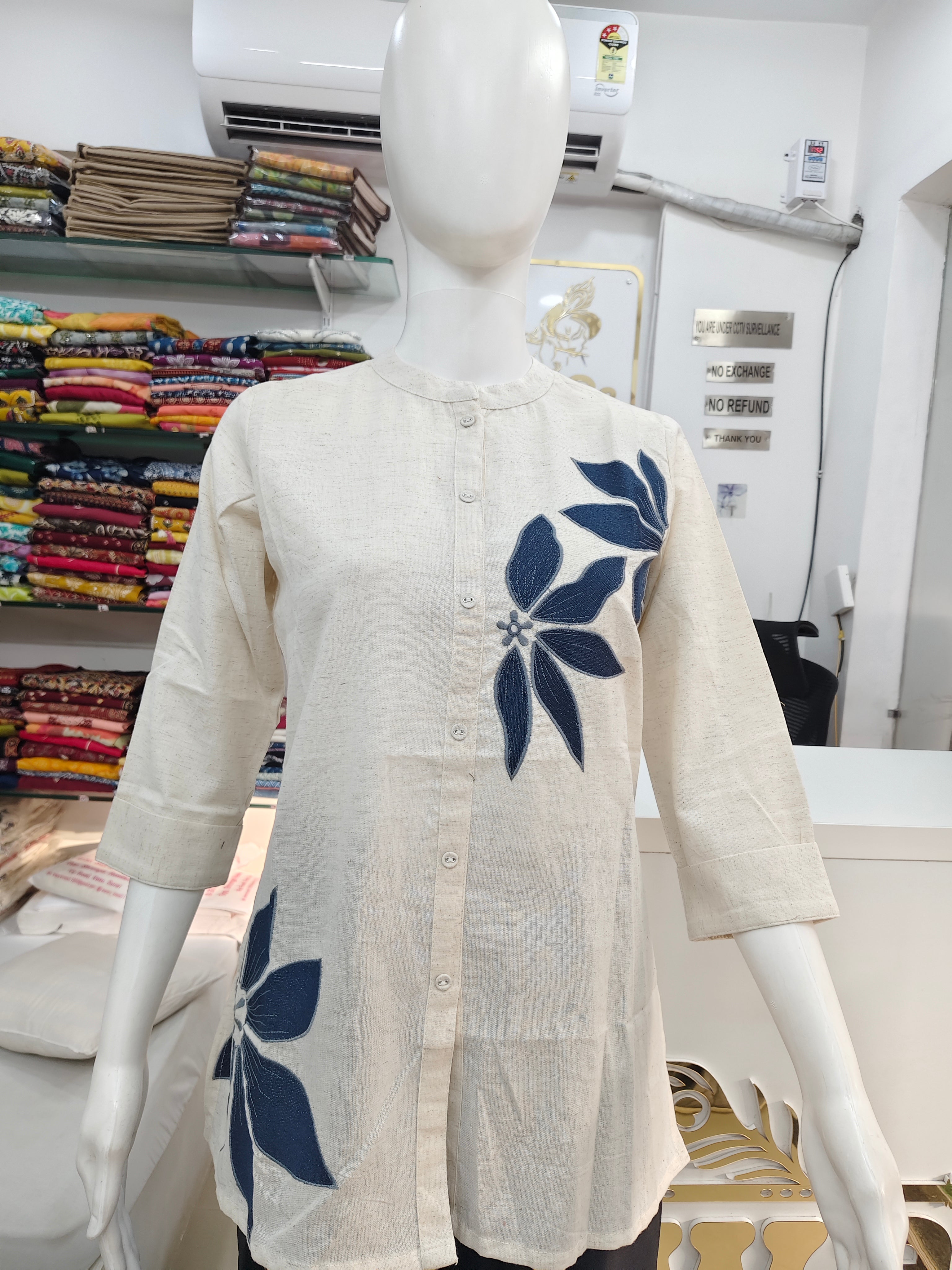 Women’s Cotton Flex Floral Embroidered Short Top – Off White & Navy Blue