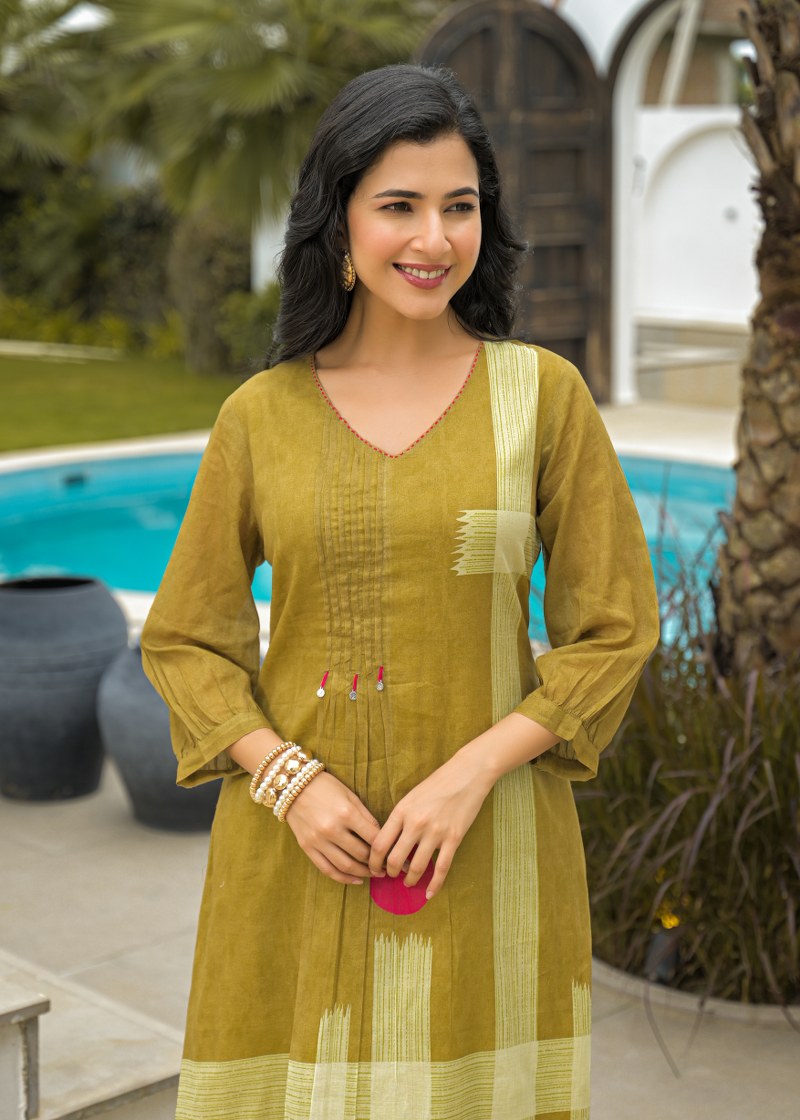 Light Mustard Cotton A-Line Kurta Set with Handcrafted Print & Straight Pants
