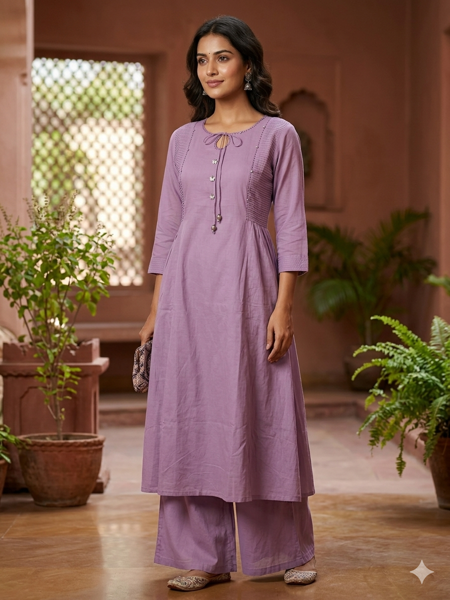 Elegant Cotton Flex 2-Piece Kurti Palazzo Set – Lavender Purple