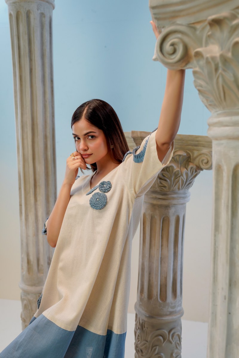 Beige & Blue Cotton Flex A-Line Frock with Handcrafted Appliqué Work