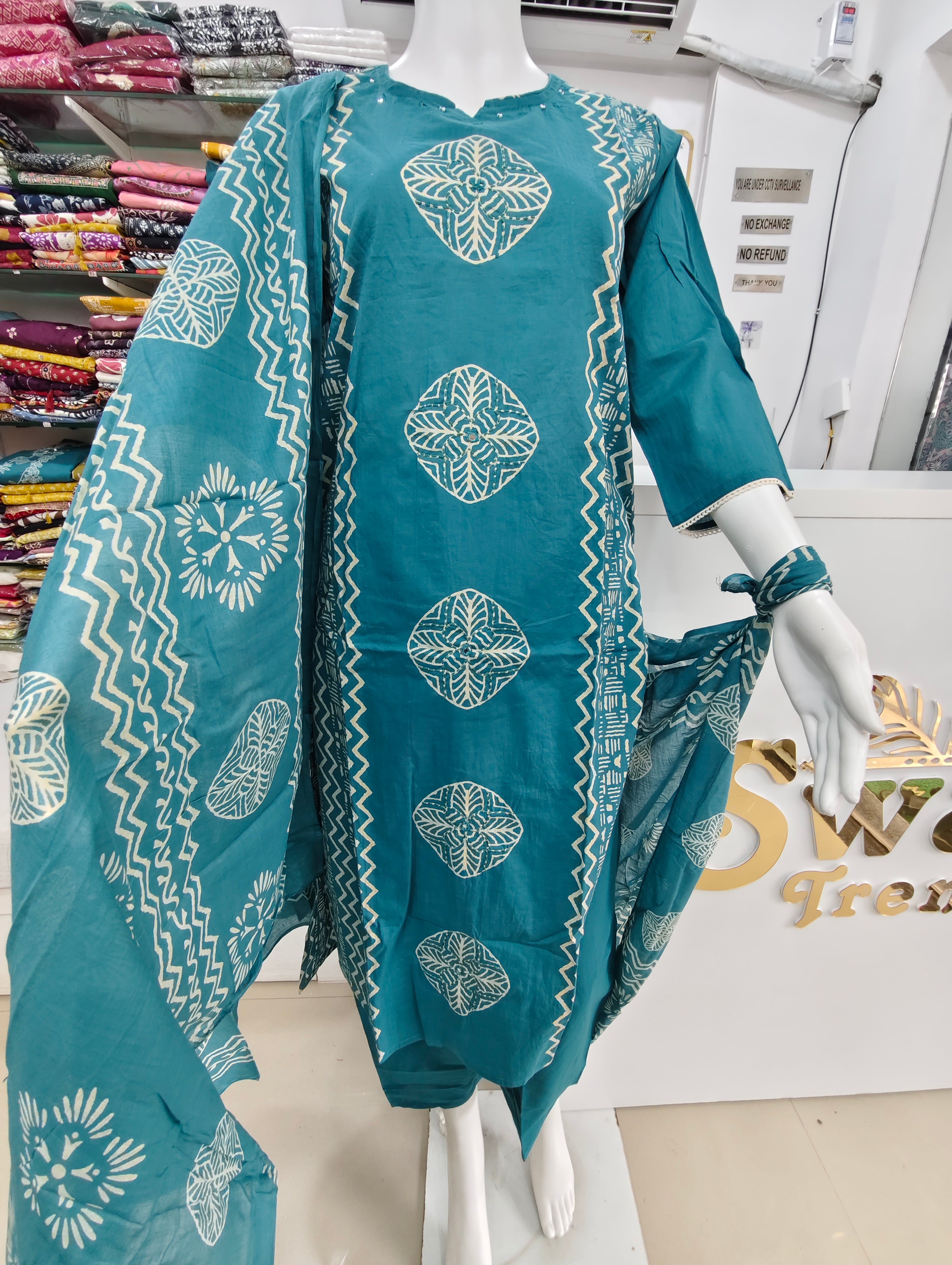 Deep Teal Geometric Block Print Kurta set with Dupatta