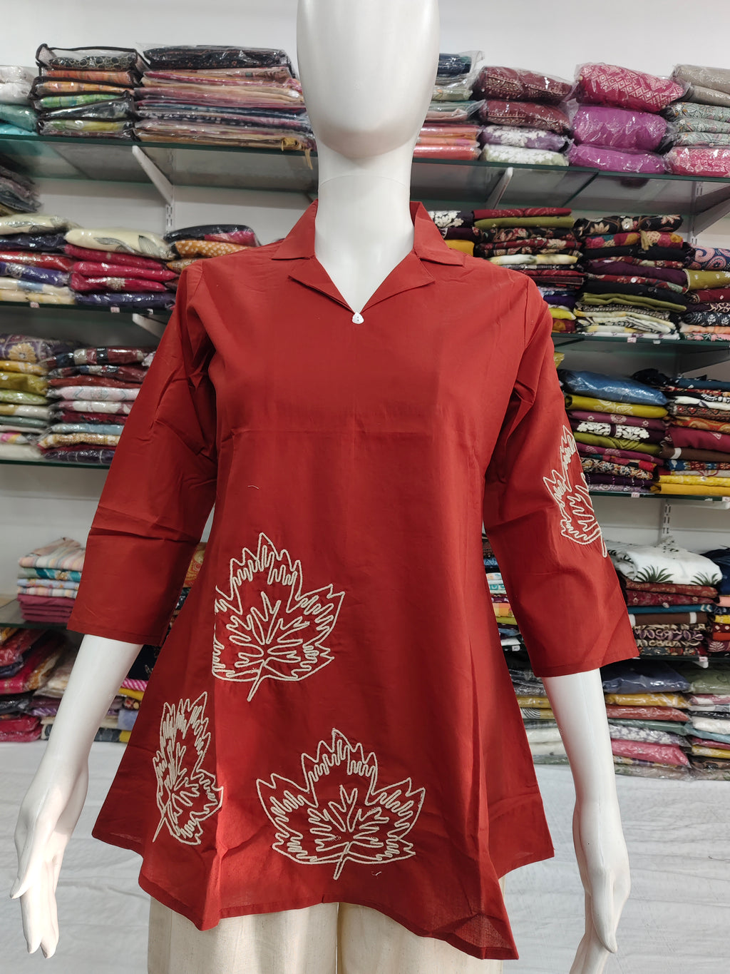 Rust Red Cotton Short Top with Leaf Embroidery | Casual A-Line Tunic for Women