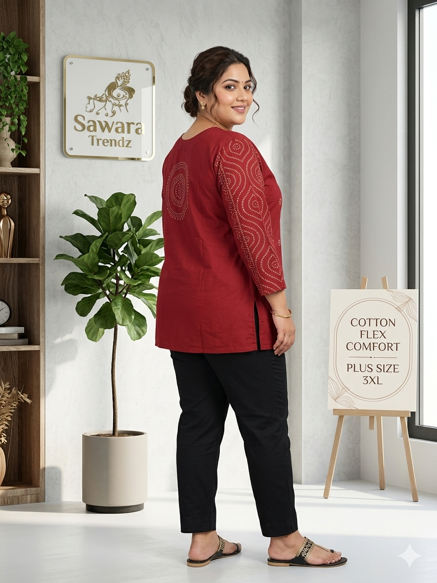 Maroon Cotton Flex embroidery and handboocked Short Top (3XL to 5XL) – Elegant Ethnic Casual Wear