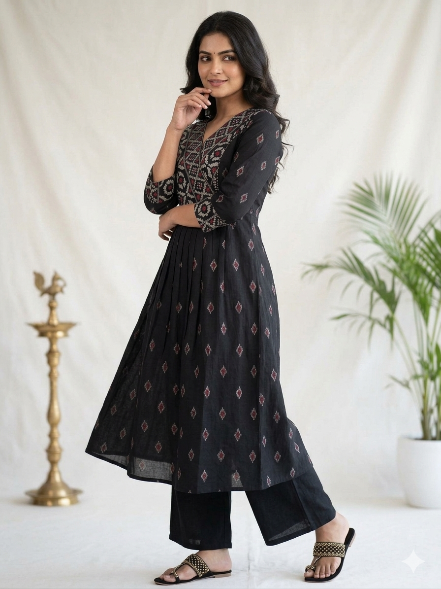 Elegant Black Printed Cotton Kurti with Coin Detail | A-Line Ethnic Dress for Women