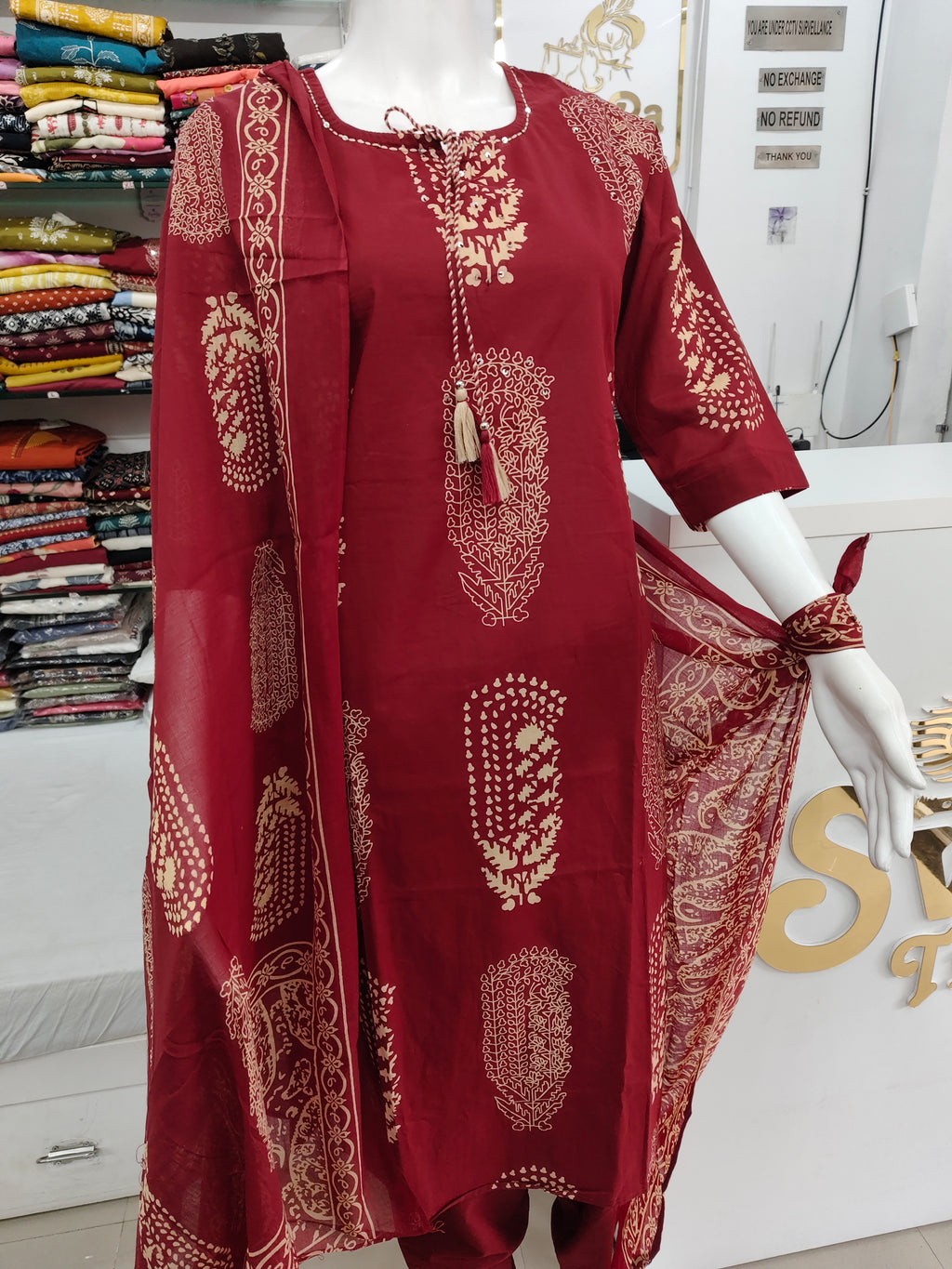 Maroon Cotton Printed Kurta Set with Matching Dupatta and tassel- 3 piece ethnic wear
