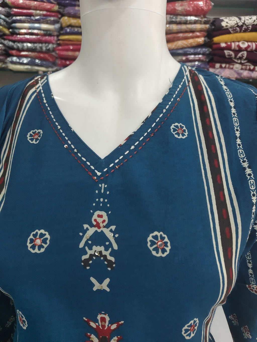 Elegant Blue Printed Cotton 3 Piece Suit Set with Dupatta