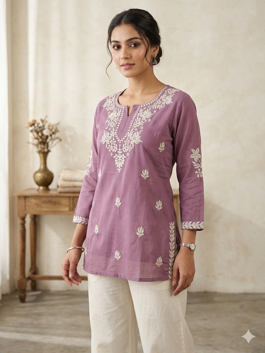 Women’s Mul Cotton Embroidered Short Kurti Top – Lavender Pink