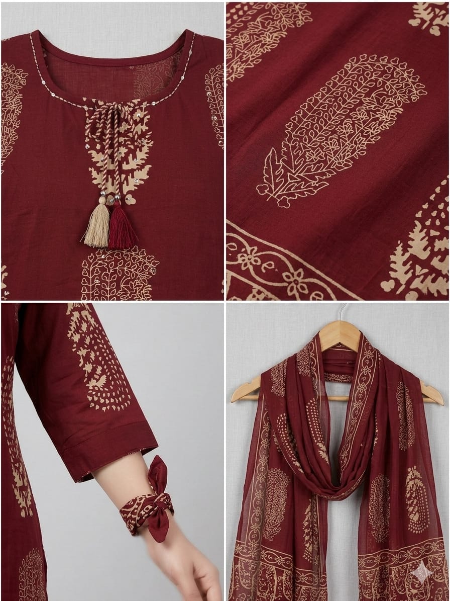 Maroon Cotton Printed Kurta Set with Matching Dupatta and tassel- 3 piece ethnic wear